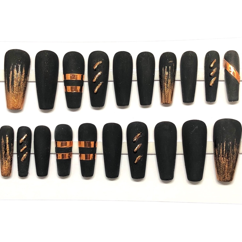 Handmade Custom Press On Nails  Long Coffin Bronze Metallic & Black Matte Nails